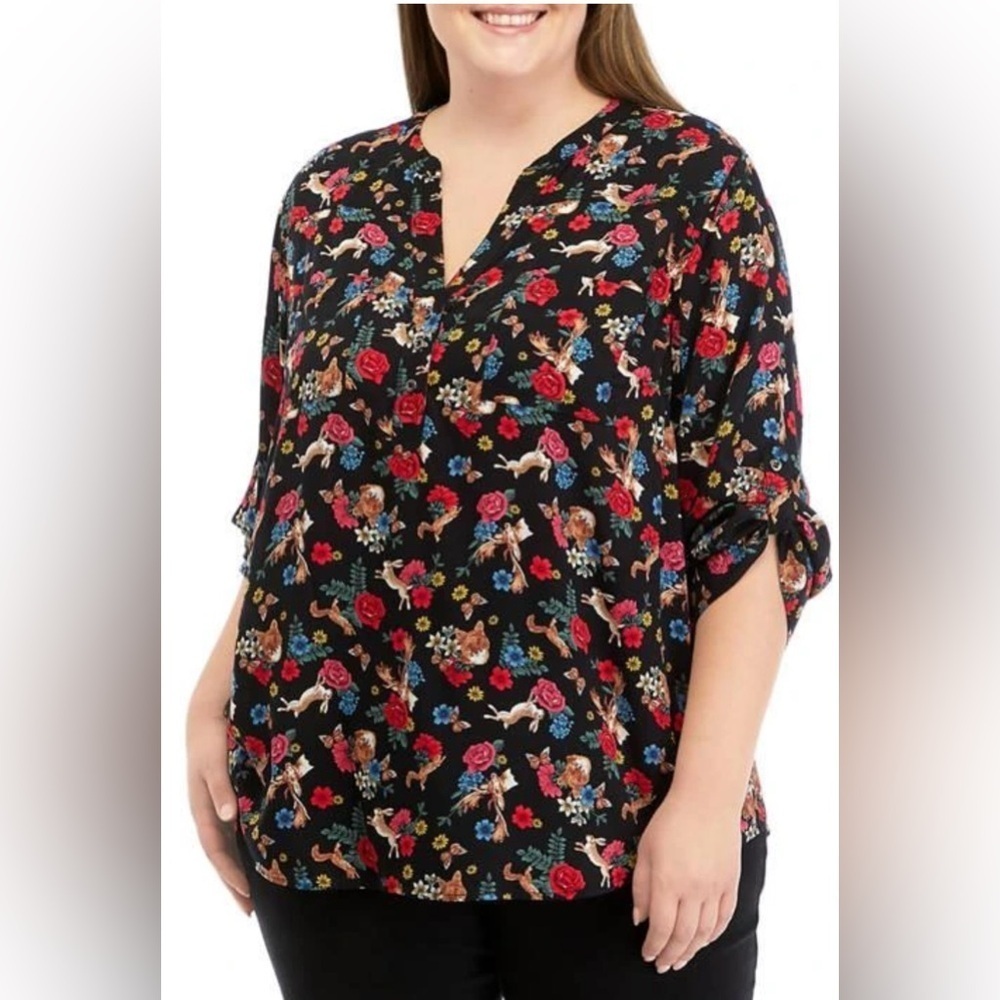 Philosophy Floral Short Sleeve Blouse floral and animal print 3/4 sleeves  2X